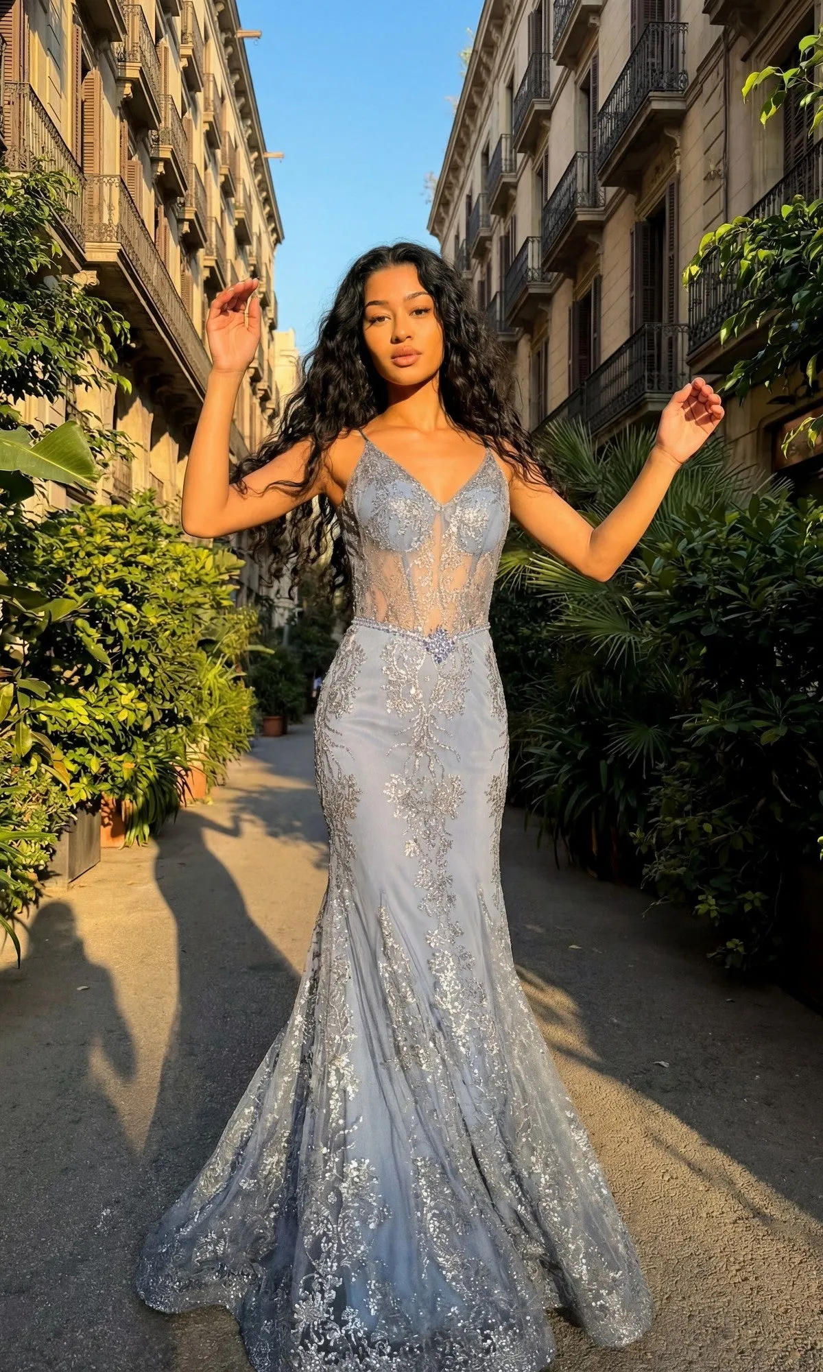 Sheer-Corset Sparkly Long Prom Dress: Chicas 4030 sold by PromGirl