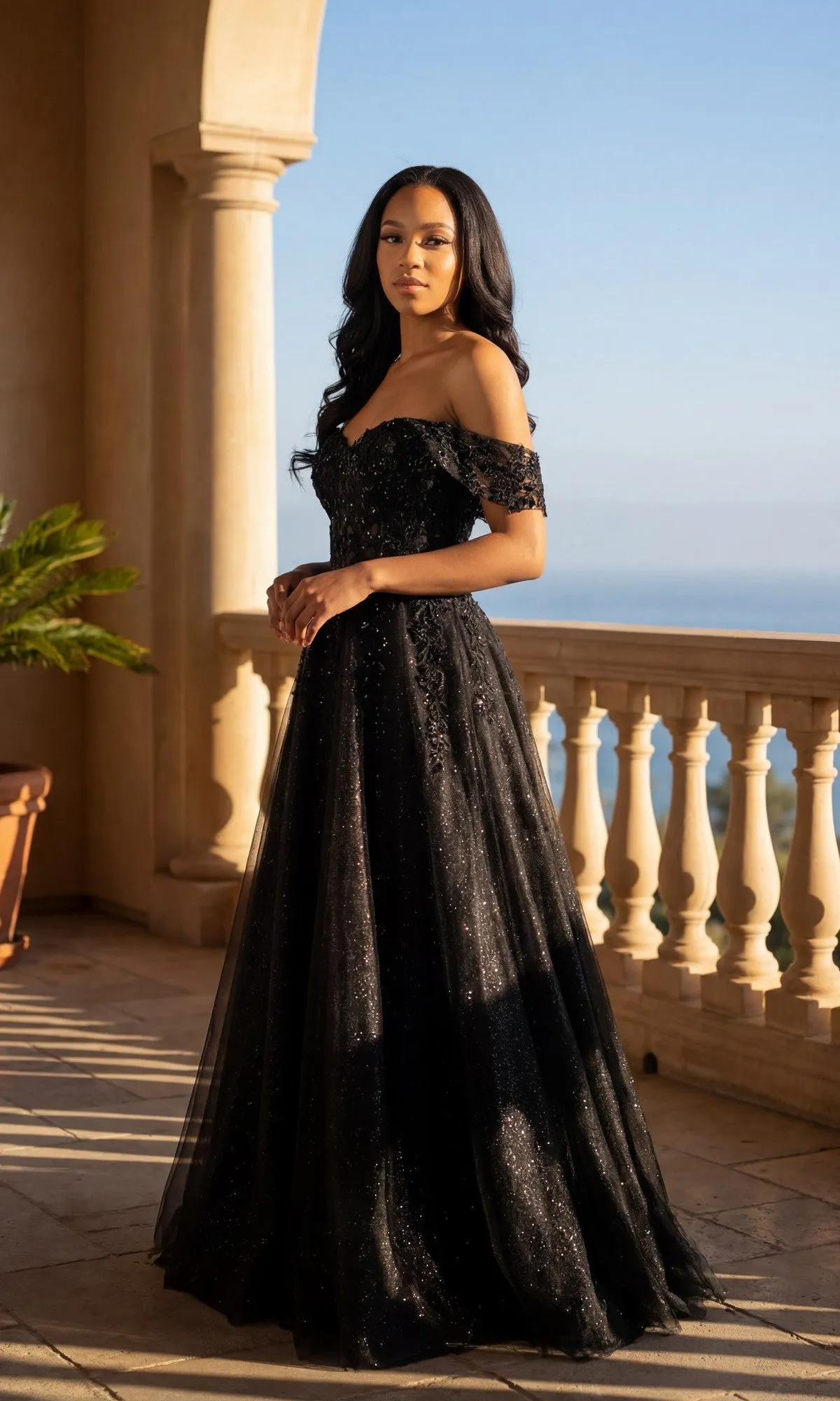 Off-the-Shoulder Long Glitter Ball Gown: Chicas sold by PromGirl product image thumbnail 4