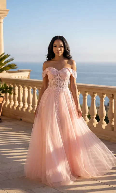 Off-the-Shoulder Long Glitter Ball Gown: Chicas made by PromGirl
