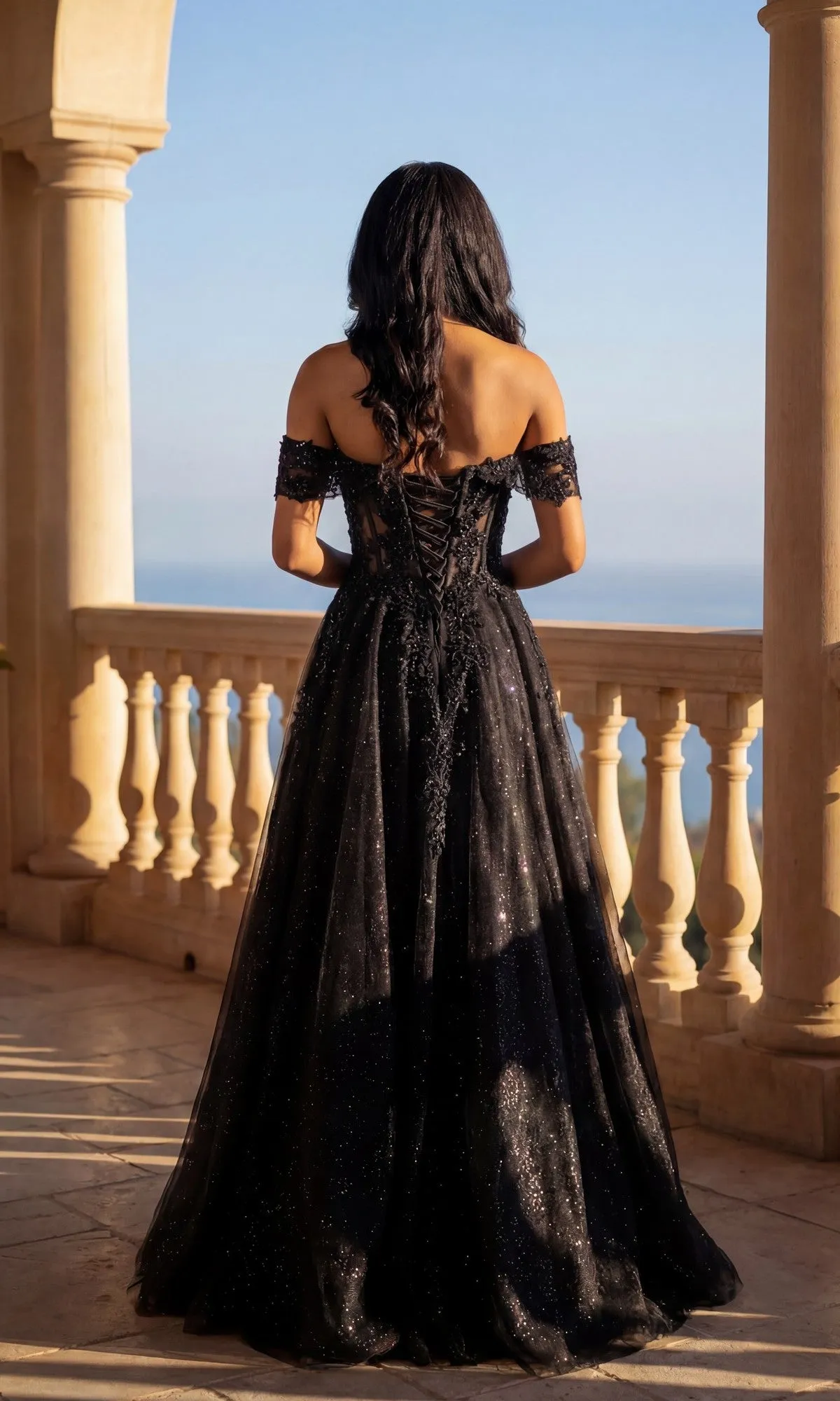 Off-the-Shoulder Long Glitter Ball Gown: Chicas sold by PromGirl product image thumbnail 2