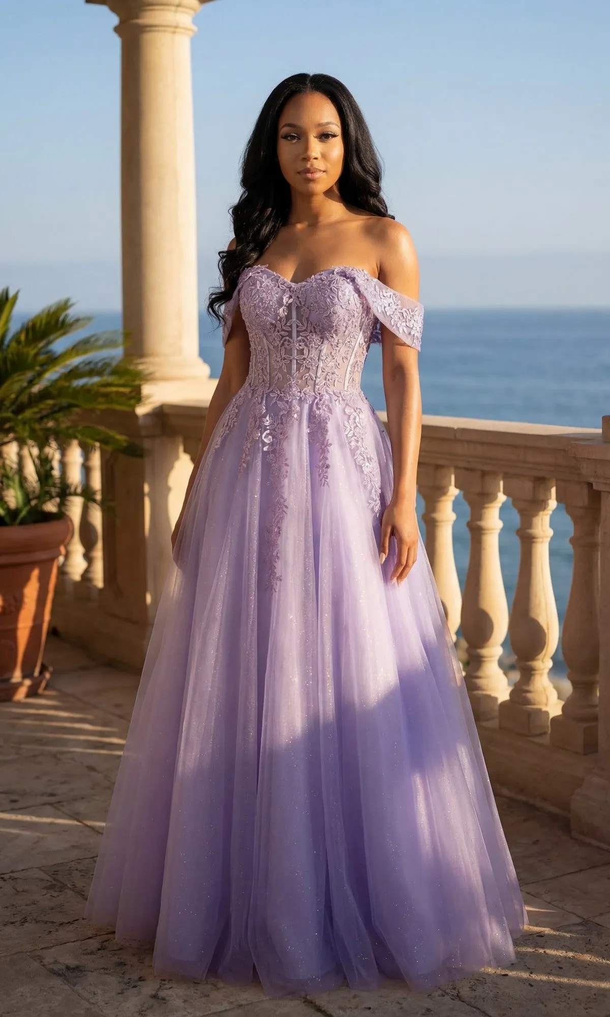 Off-the-Shoulder Long Glitter Ball Gown: Chicas sold by PromGirl product image thumbnail 5