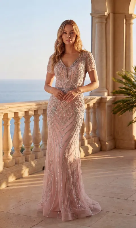 Short Sleeve Long Beaded Formal Dress: Chicas C845 made by PromGirl