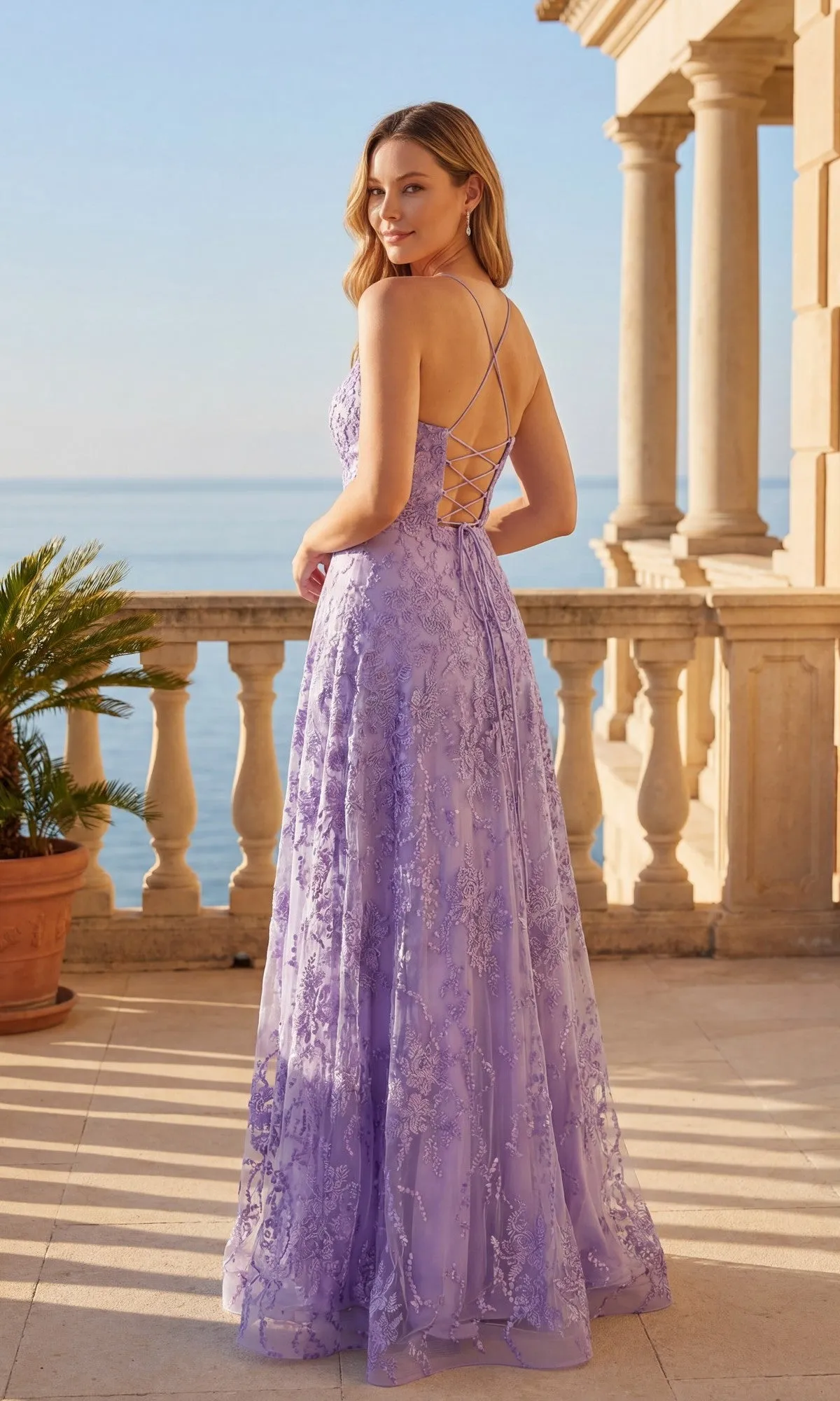 Lace-Up Long Floral-Lace Prom Dress: Chicas C804 sold by PromGirl product image thumbnail 2