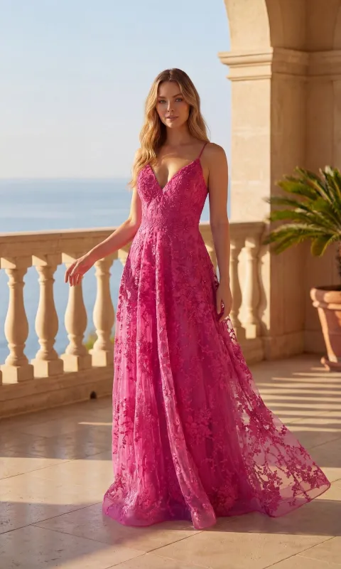 Lace-Up Long Floral-Lace Prom Dress: Chicas C804 made by PromGirl