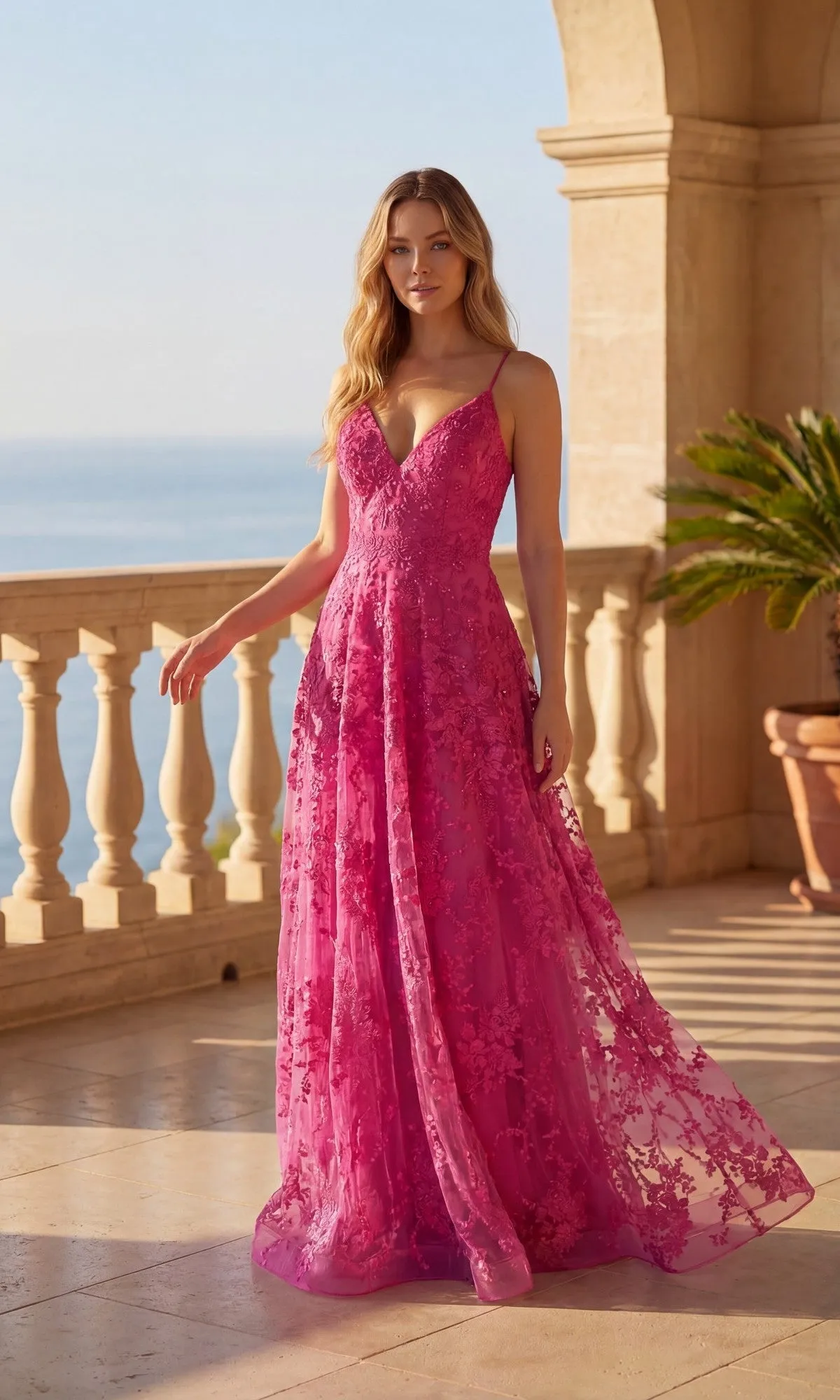 Lace-Up Long Floral-Lace Prom Dress: Chicas C804 sold by PromGirl