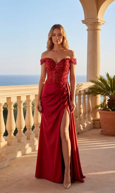 Off-Shoulder Long Satin Prom Dress: Chicas C362 made by PromGirl