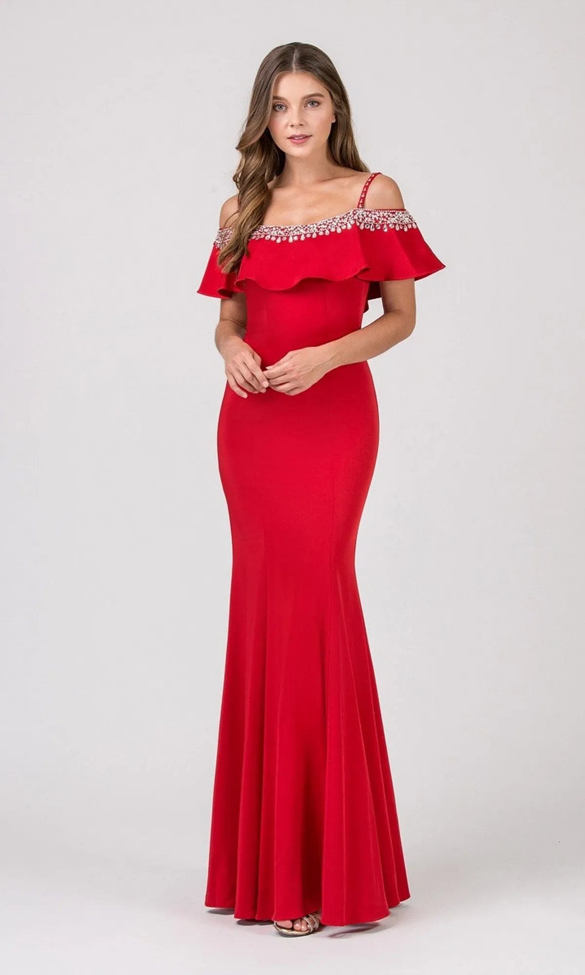 Off-Shoulder Ruffle Long Prom Dress: Eureka 7333 sold by PromGirl