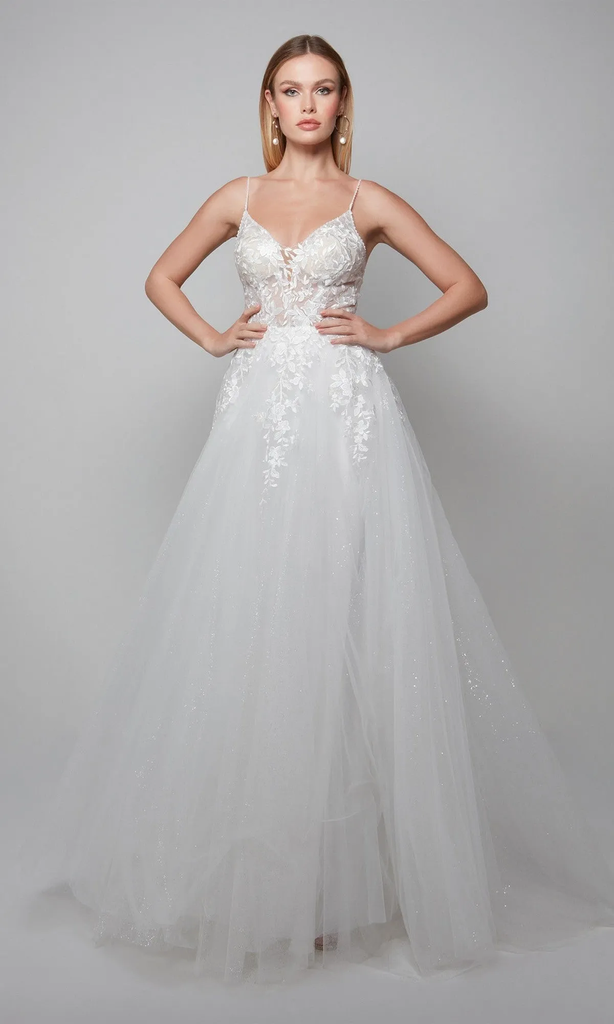 Long White Dress: Alyce 7079 sold by PromGirl