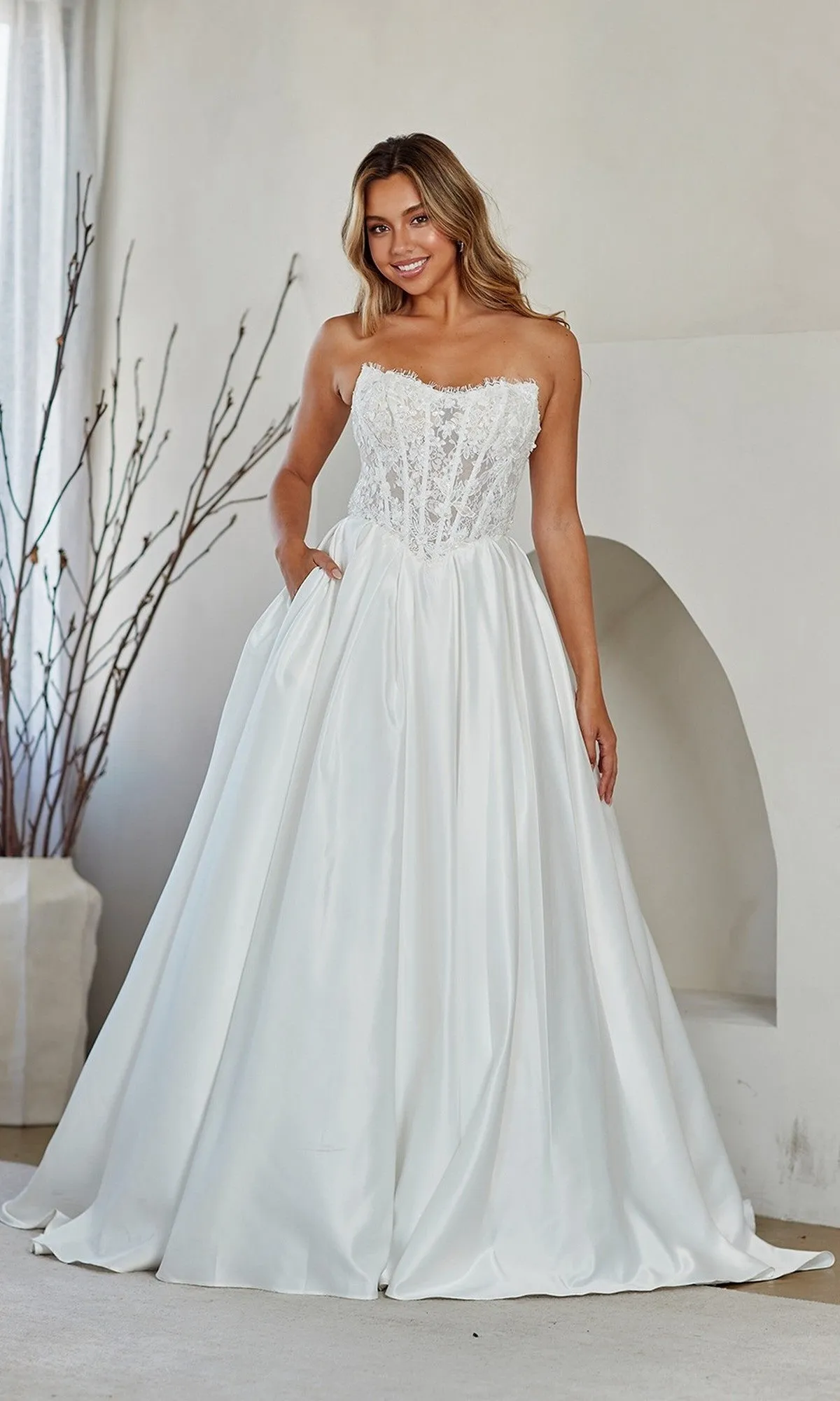 Strapless White Prom Gown: Amelia Couture 2089 sold by PromGirl