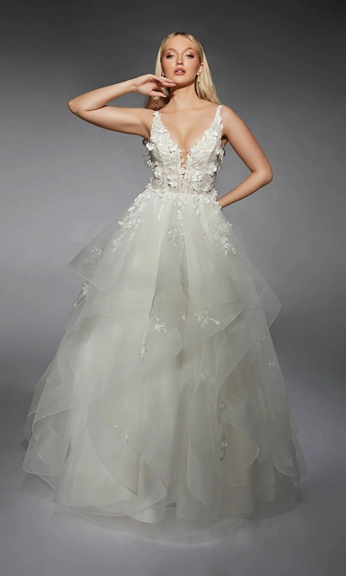 Long White Dress: Alyce 7131 sold by PromGirl