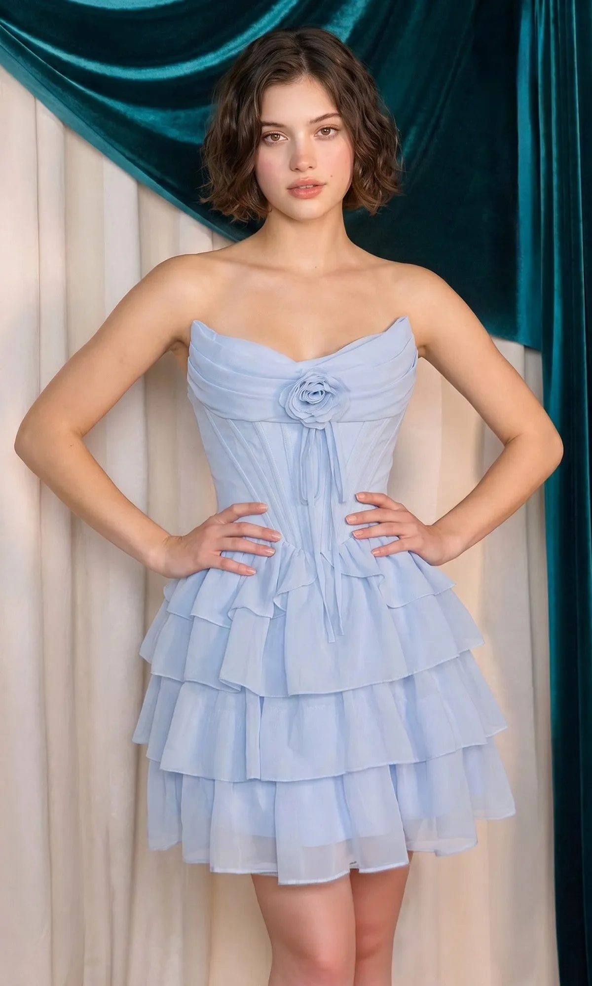 Lace-Up Mini Ruffle Hoco Dress: Andrea & Leo A1521 sold by PromGirl product image thumbnail 3