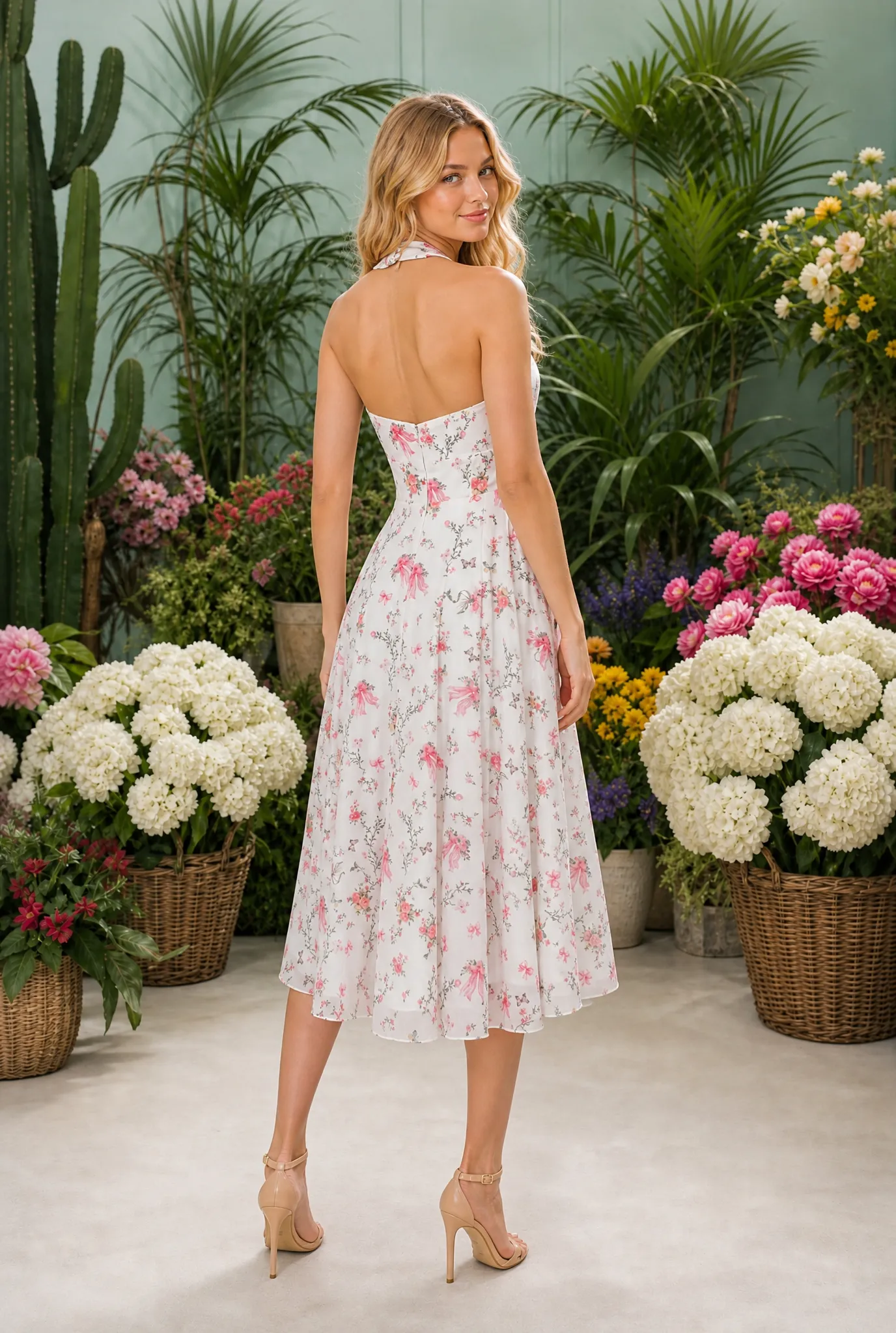 V-Neck White Midi Halter Floral Sundress: Millie sold by PromGirl product image thumbnail 2