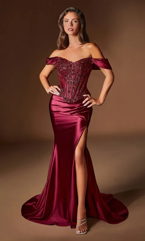 Off-Shoulder Burgundy Prom Gown: Ladivine CD656 made by PromGirl