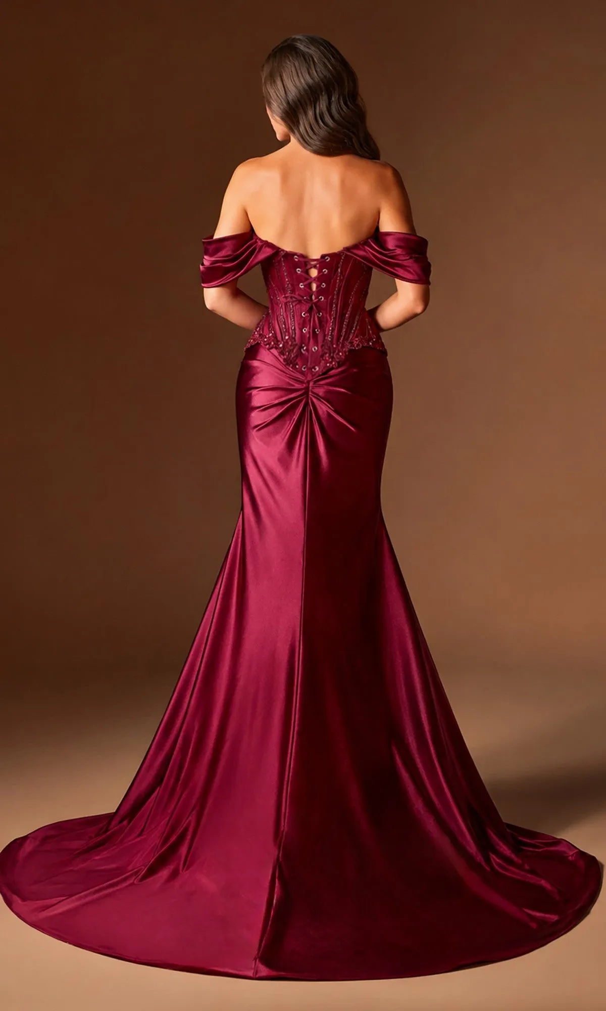 Off-Shoulder Burgundy Prom Gown: Ladivine CD656 sold by PromGirl product image thumbnail 2