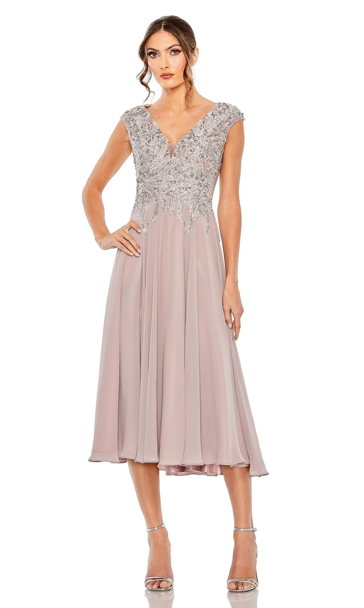 Midi Wedding Guest Dress: Mac Duggal 20492 sold by PromGirl