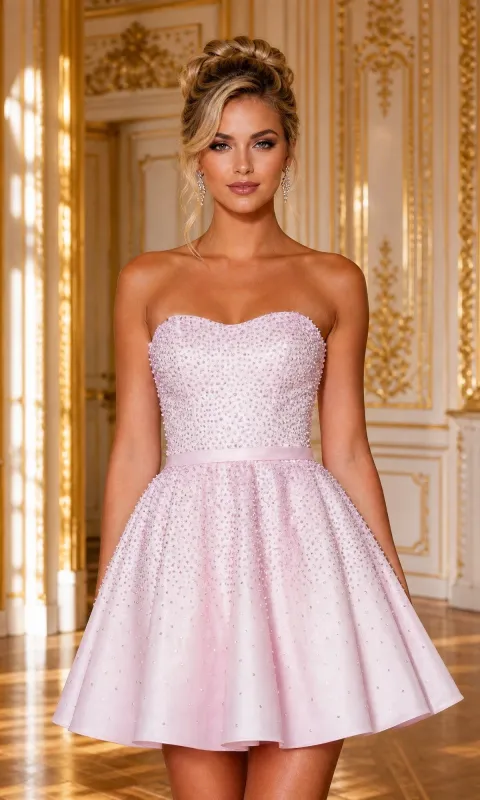Lace-Up Mini Beaded Hoco Dress: Poly USA 26140 made by PromGirl