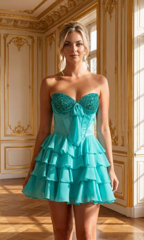 Ruffled Strapless Mini Hoco Dress: Poly USA 26134 made by PromGirl