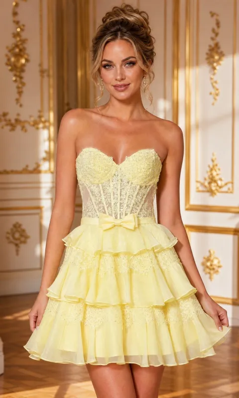 Strapless Ruffled Mini Hoco Dress: Poly USA 26136 made by PromGirl