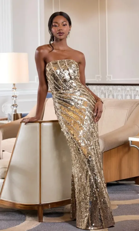 Strapless Long Gold Formal Dress: Mac Duggal 10130 made by Mac Duggal