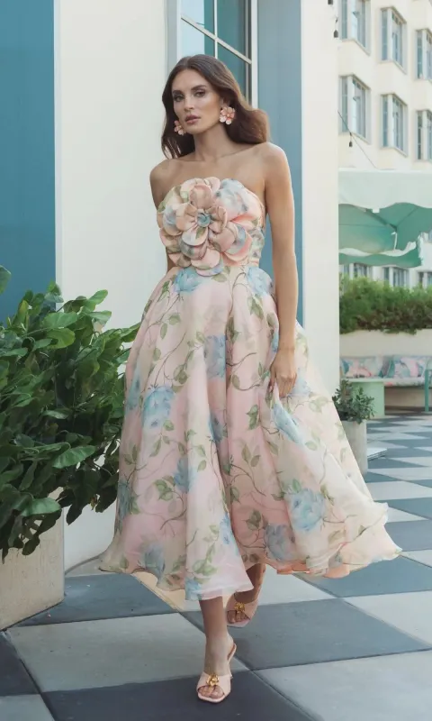 Strapless Floral Midi Party Dress: MacDuggal 27822 made by Mac Duggal