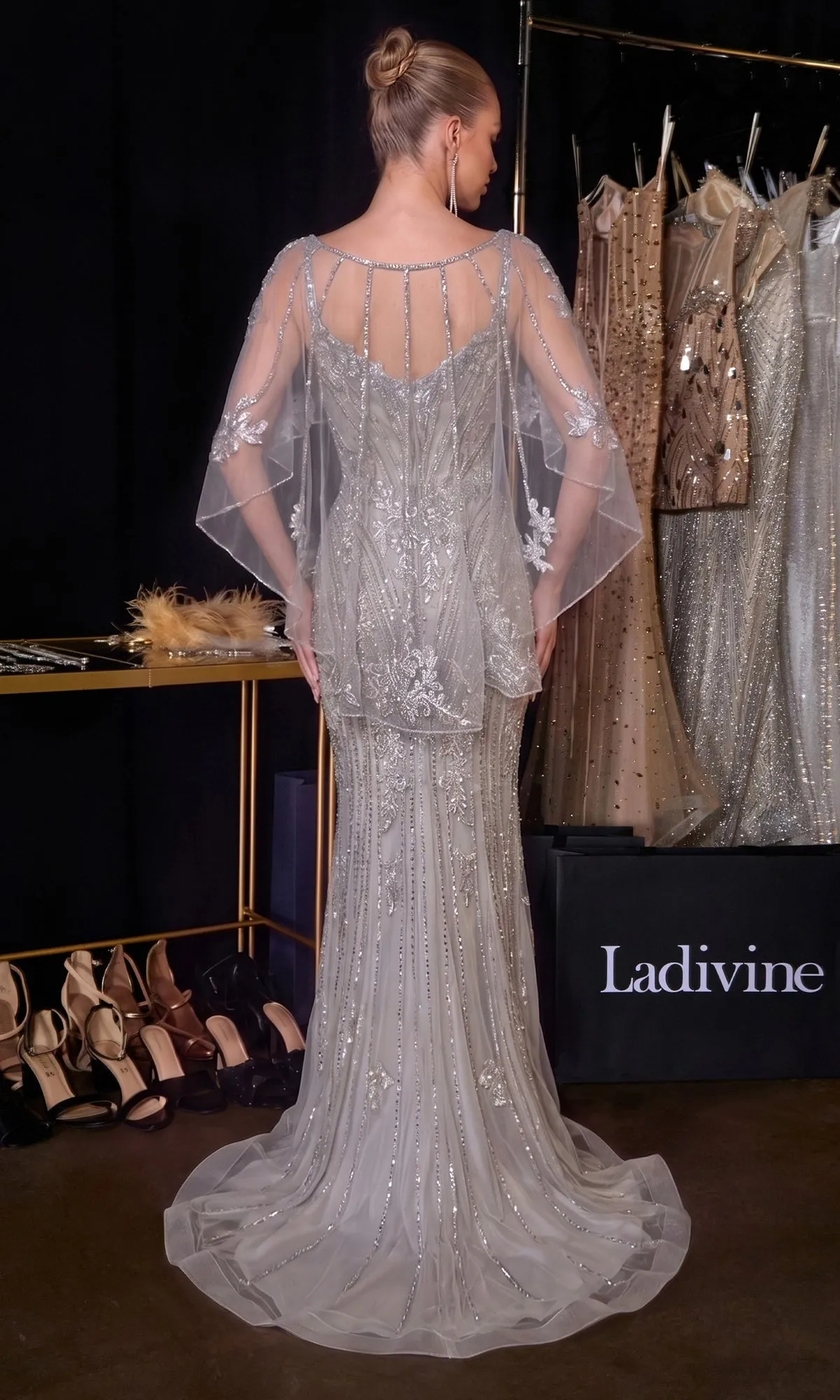 Beaded Long Prom Dress with Cape: Ladivine CD637 sold by PromGirl product image thumbnail 2
