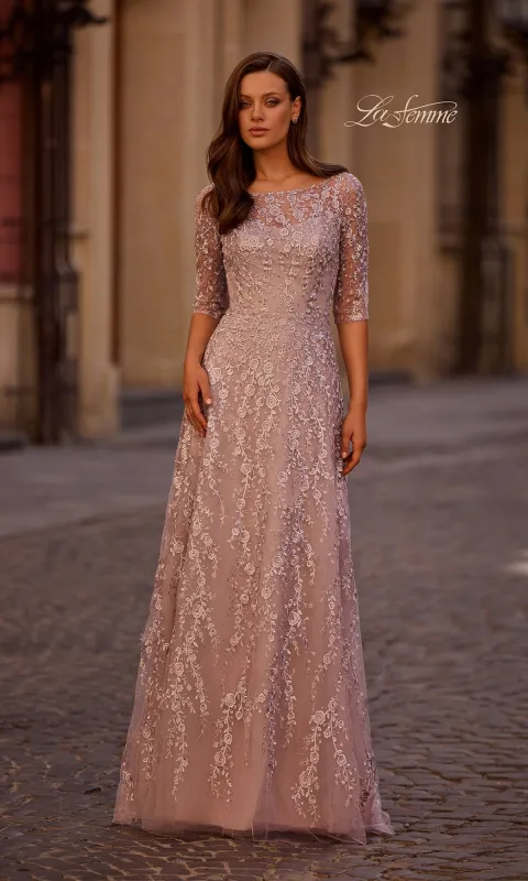 Long Orchid Pink Lace Formal Dress: La Femme 27981 made by La Femme
