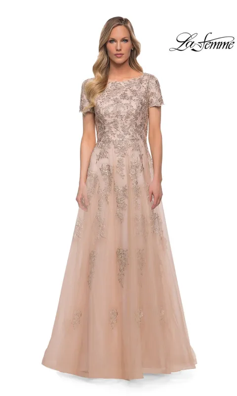 Short-Sleeve Long Nude MOB Dress: La Femme 29290 made by La Femme