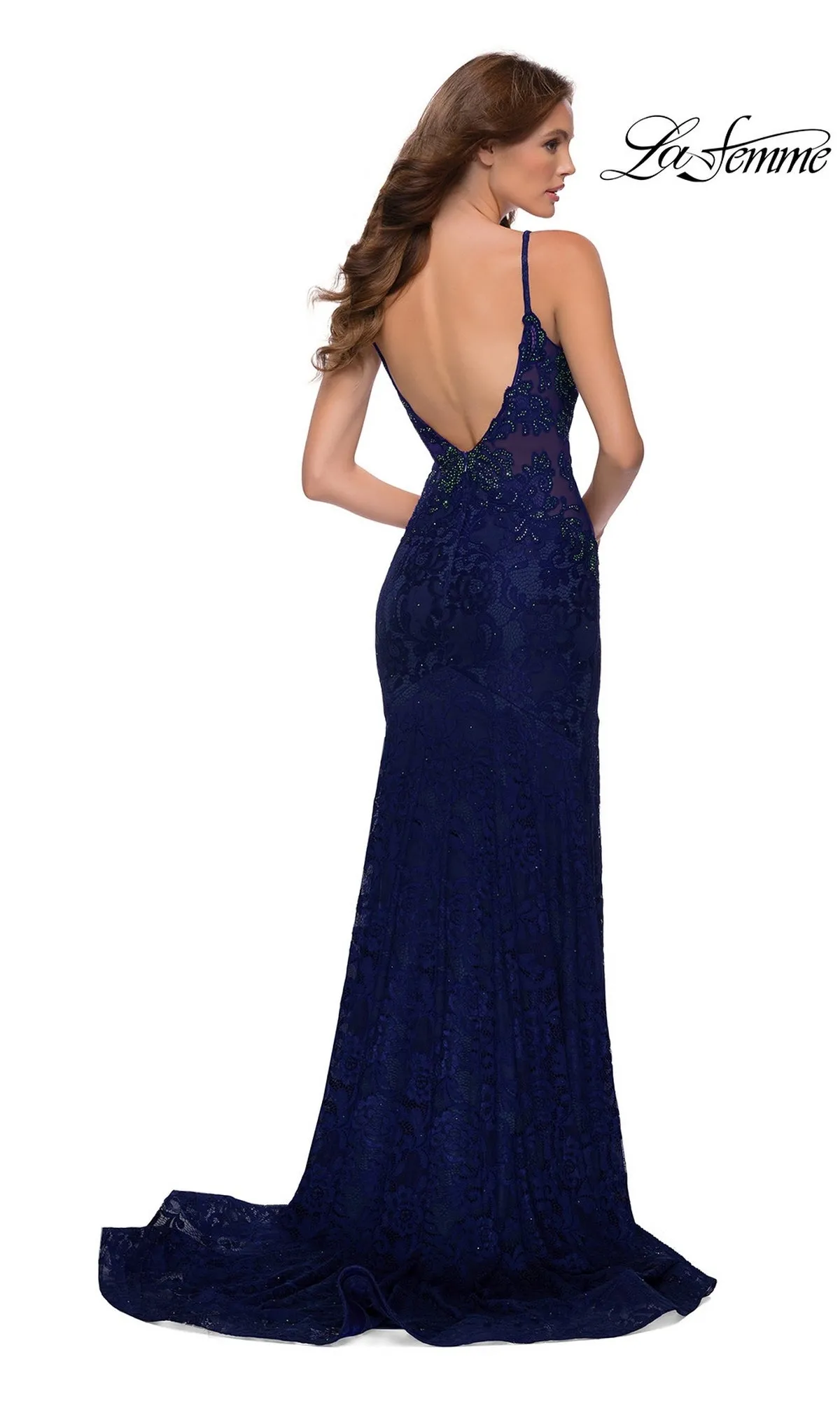 Beaded-Lace Deep-V-Neck Prom Gown: La Femme 29679 sold by PromGirl product image thumbnail 2