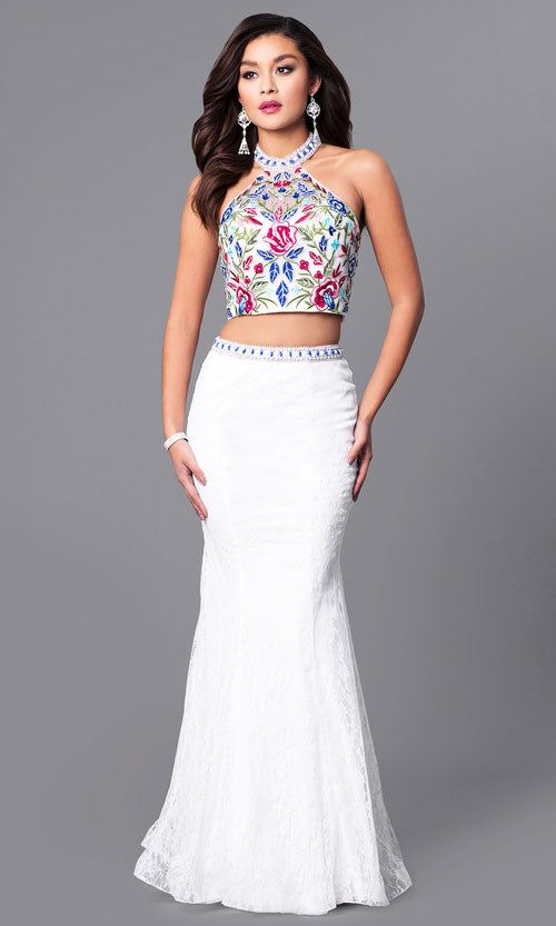 Two-Piece Long Lace Prom Dress with Beaded Halter sold by PromGirl product image thumbnail 4
