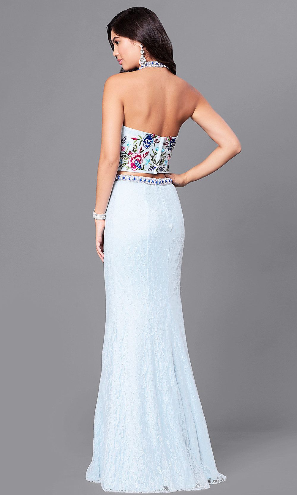 Two-Piece Long Lace Prom Dress with Beaded Halter sold by PromGirl product image thumbnail 2