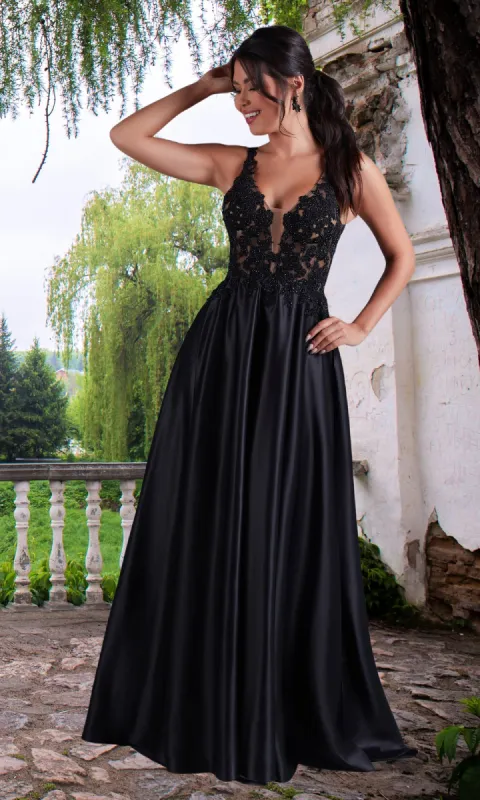 PromGirl Lace-Bodice Long Black A-Line Prom Dress sold by PromGirl