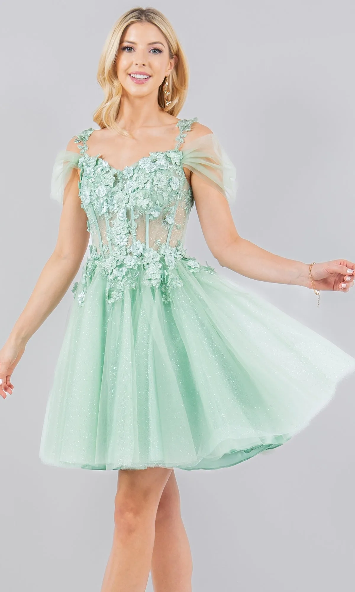 Embellished Short Glitter-Tulle Homecoming Dress sold by PromGirl