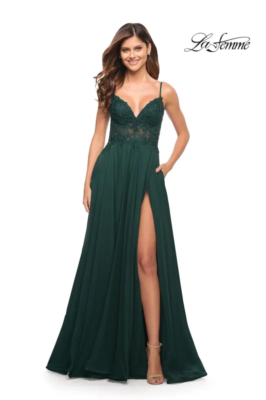 La Femme Long A-Line Prom Dress with Sheer Bodice sold by PromGirl