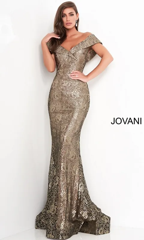 Jovani Off-the-Shoulder Long Gold Prom Dress 02920 sold by PromGirl