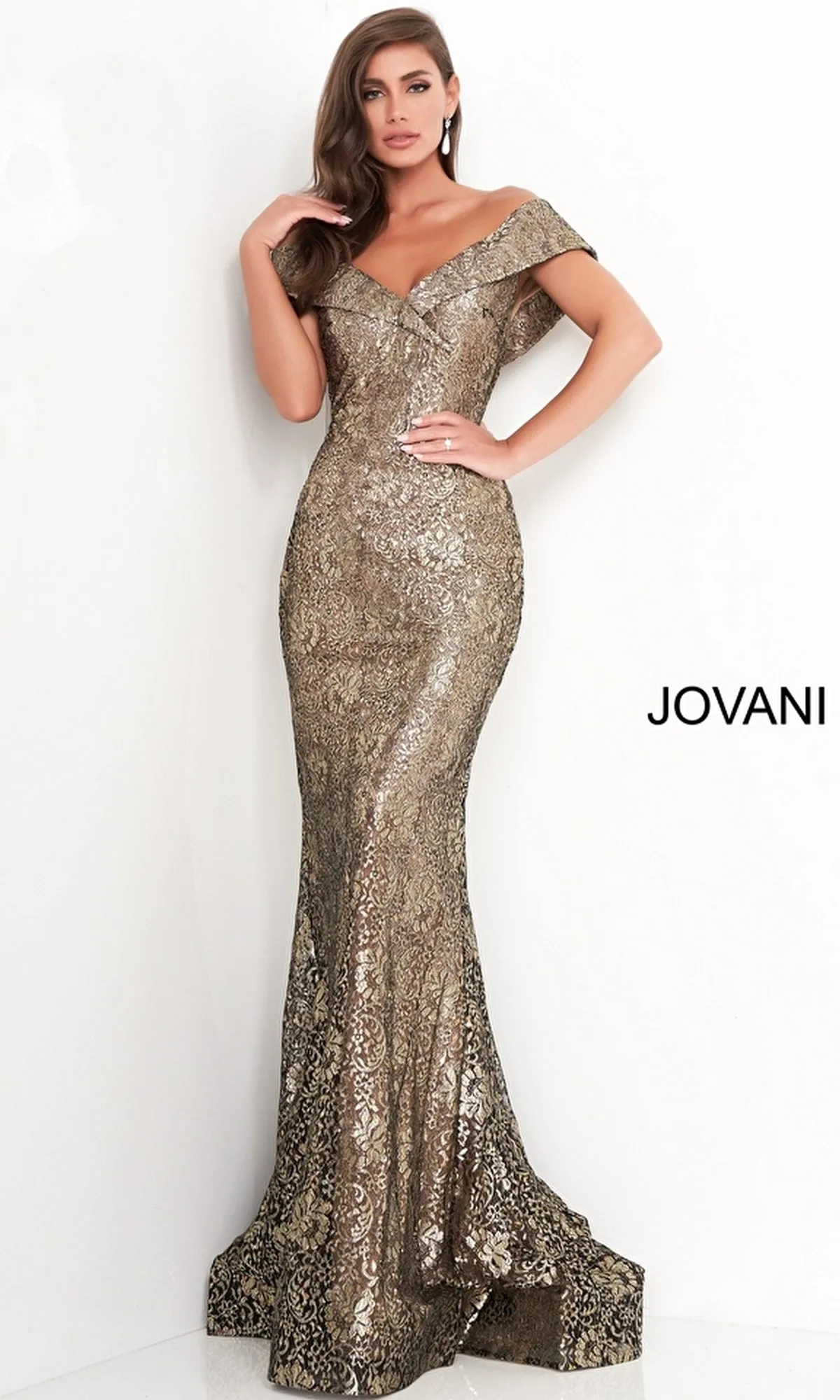 Jovani Off-the-Shoulder Long Gold Prom Dress 02920 sold by PromGirl