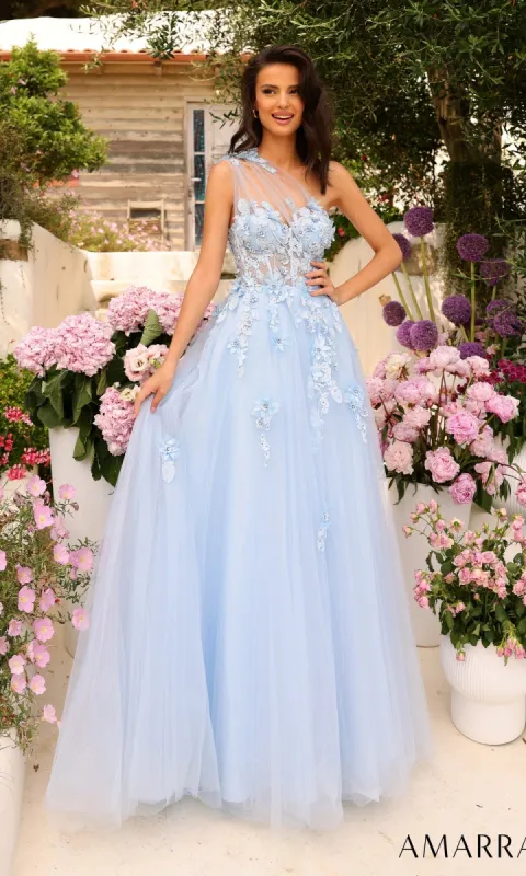 Amarra Long Blue One-Shoulder Prom Dress 88841 sold by PromGirl