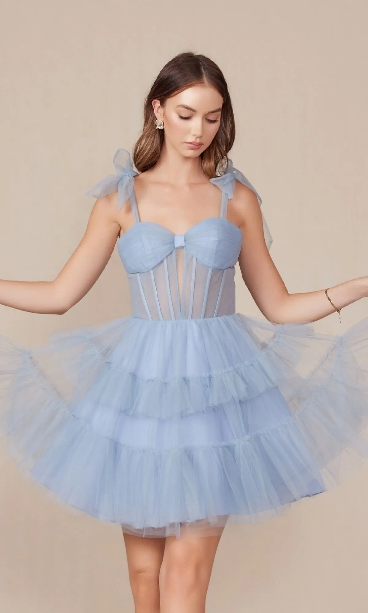 Shoulder-Tie Short Ruffled A-Line Hoco Dress Y858 sold by PromGirl product image thumbnail 3