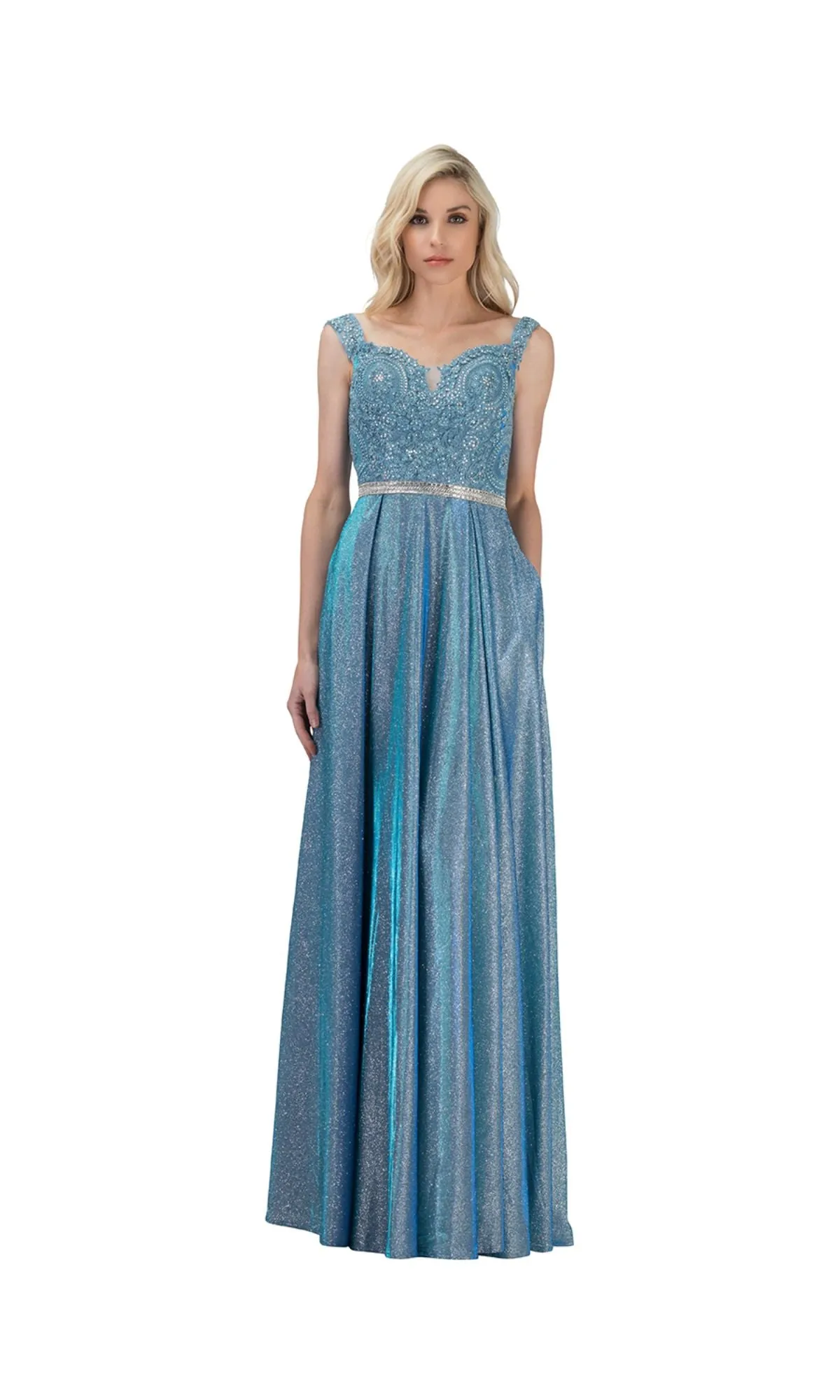 Beaded-Belt Long Glitter Prom Dress: Chicas DM4008 sold by PromGirl