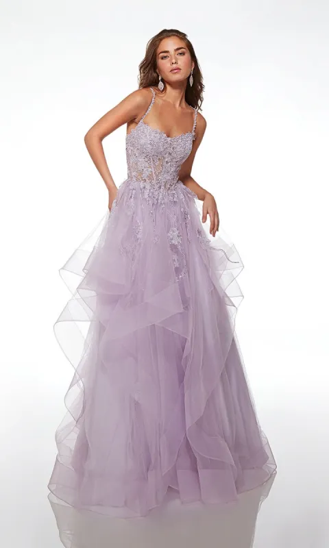 Alyce Lace-Bodice Long Tiered Prom Dress 61094 sold by PromGirl