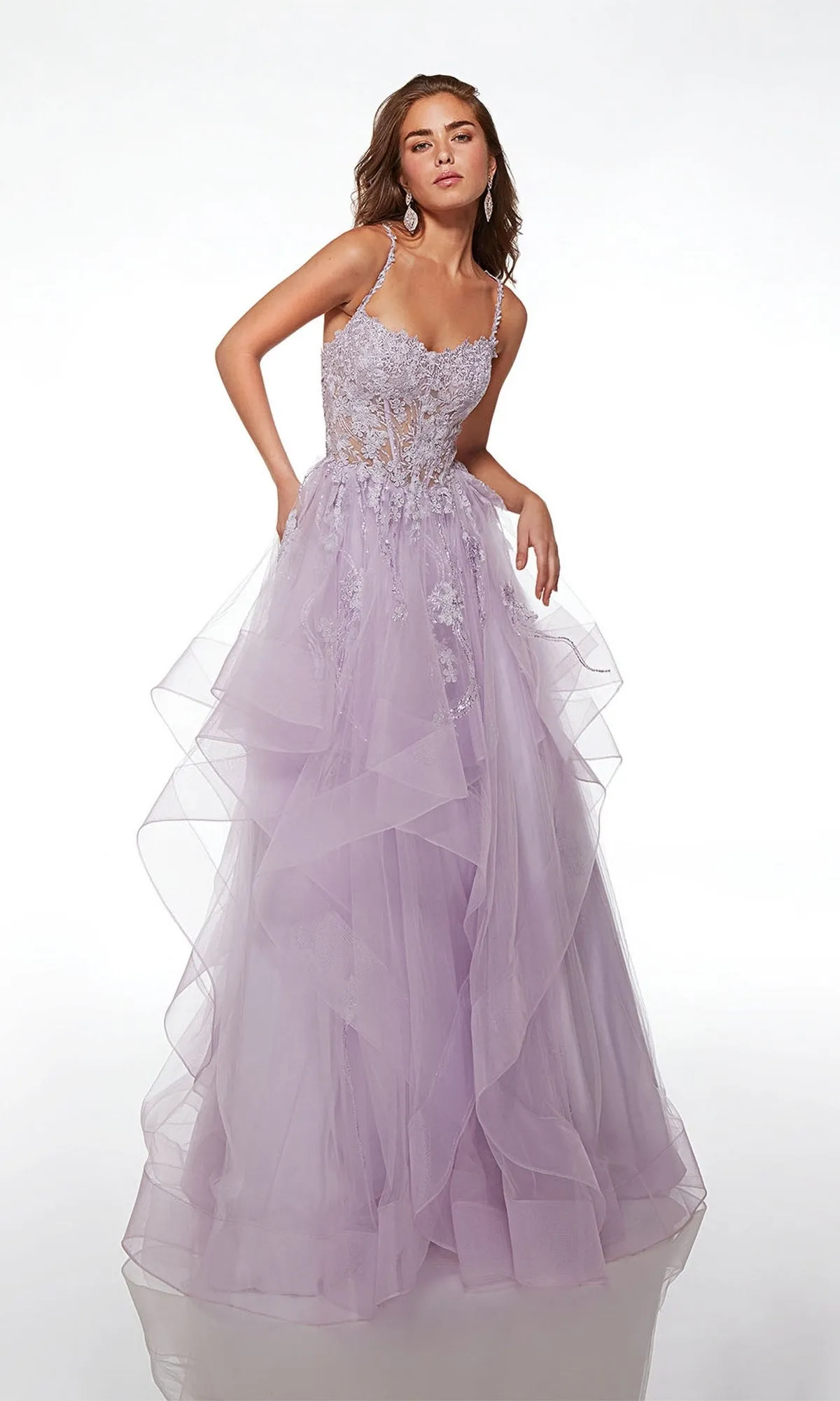 Alyce Lace-Bodice Long Tiered Prom Dress 61094 sold by PromGirl