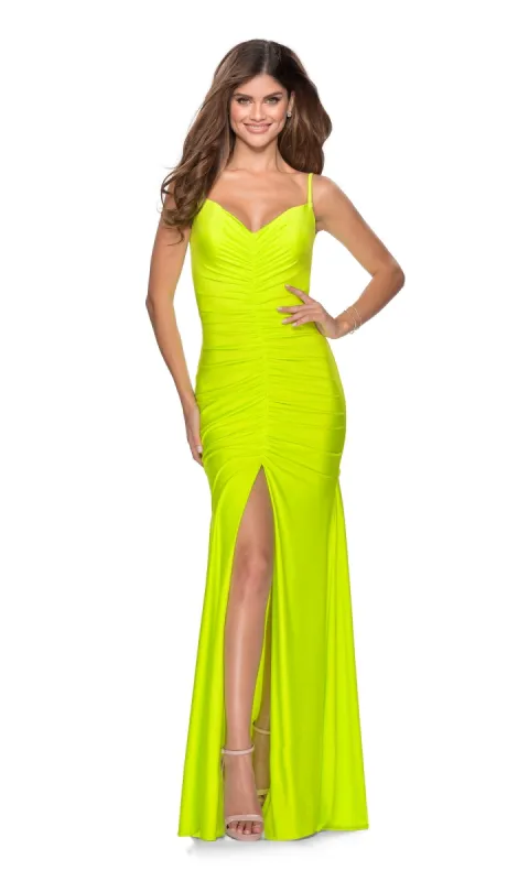 La Femme Open-Back Ruched Neon Prom Dress 28891 sold by PromGirl