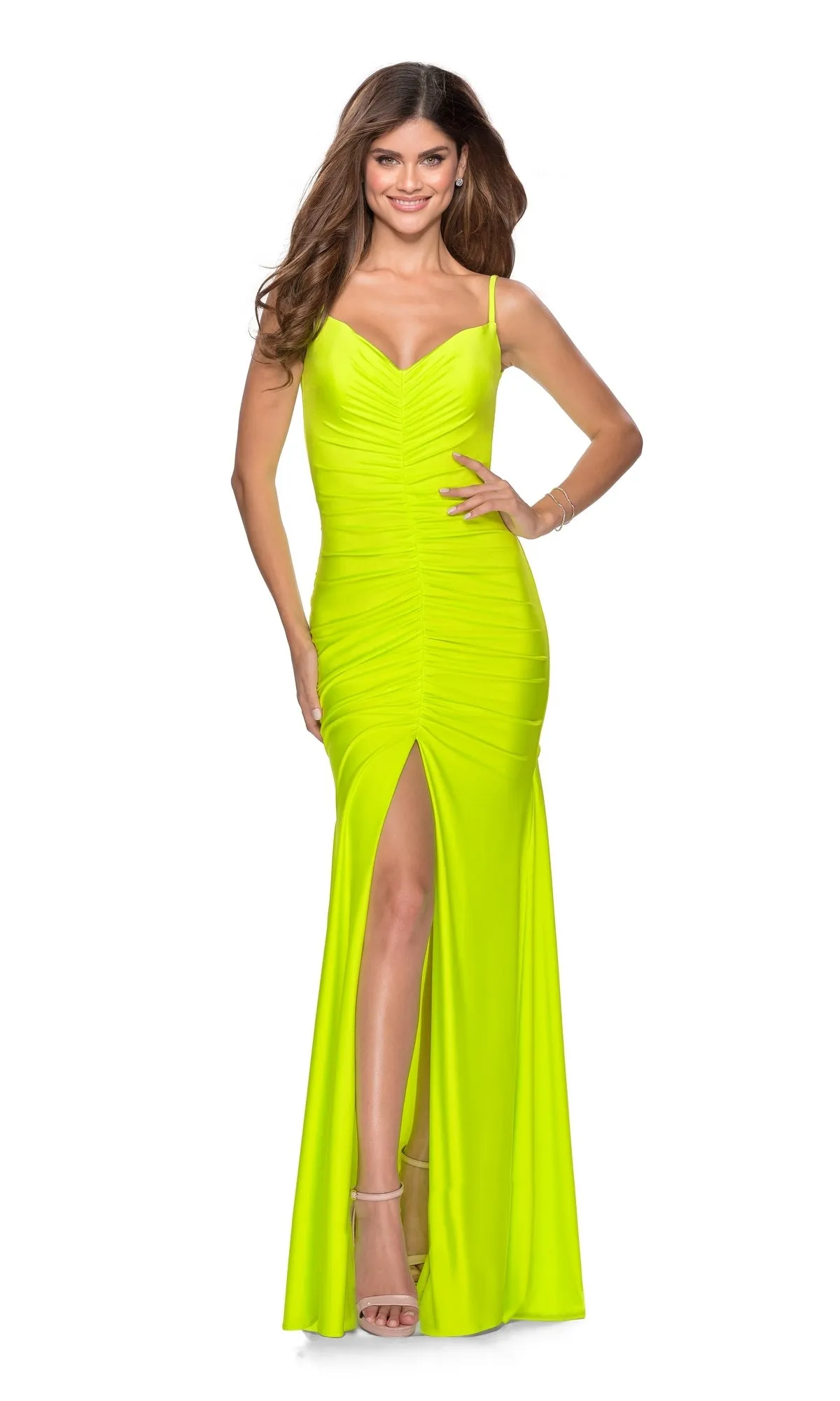 La Femme Open-Back Ruched Neon Prom Dress 28891 sold by PromGirl