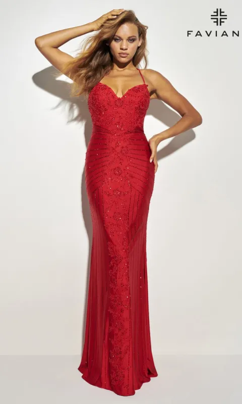 Lace-Up Long Faviana Beaded Prom Dress 11021 sold by PromGirl