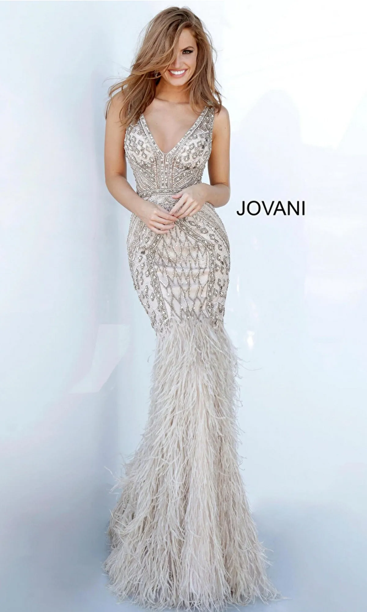 Jovani Feather Long Silver Beaded Prom Dress 02798 sold by PromGirl
