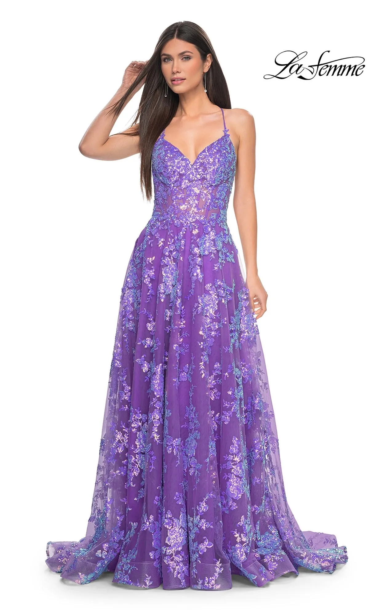La Femme Sequin-Lace Long Purple Prom Dress 32291 sold by PromGirl product image thumbnail 3