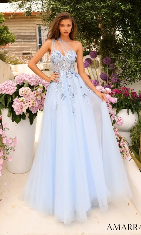 Amarra One-Shoulder Long Blue Prom Ball Gown 88838 sold by PromGirl