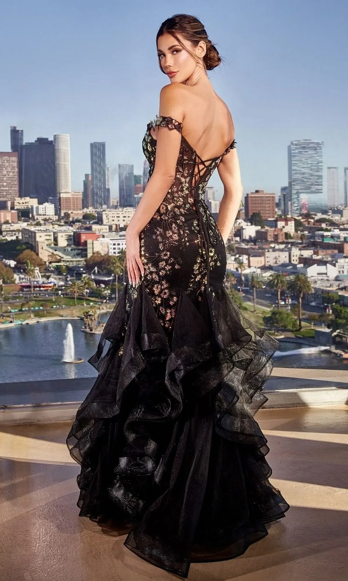 Black Floral Mermaid Prom Gown: Ladivine CM354 sold by PromGirl product image thumbnail 2