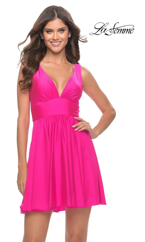 Neon Pink Short La Femme Homecoming Dress 30979 made by La Femme