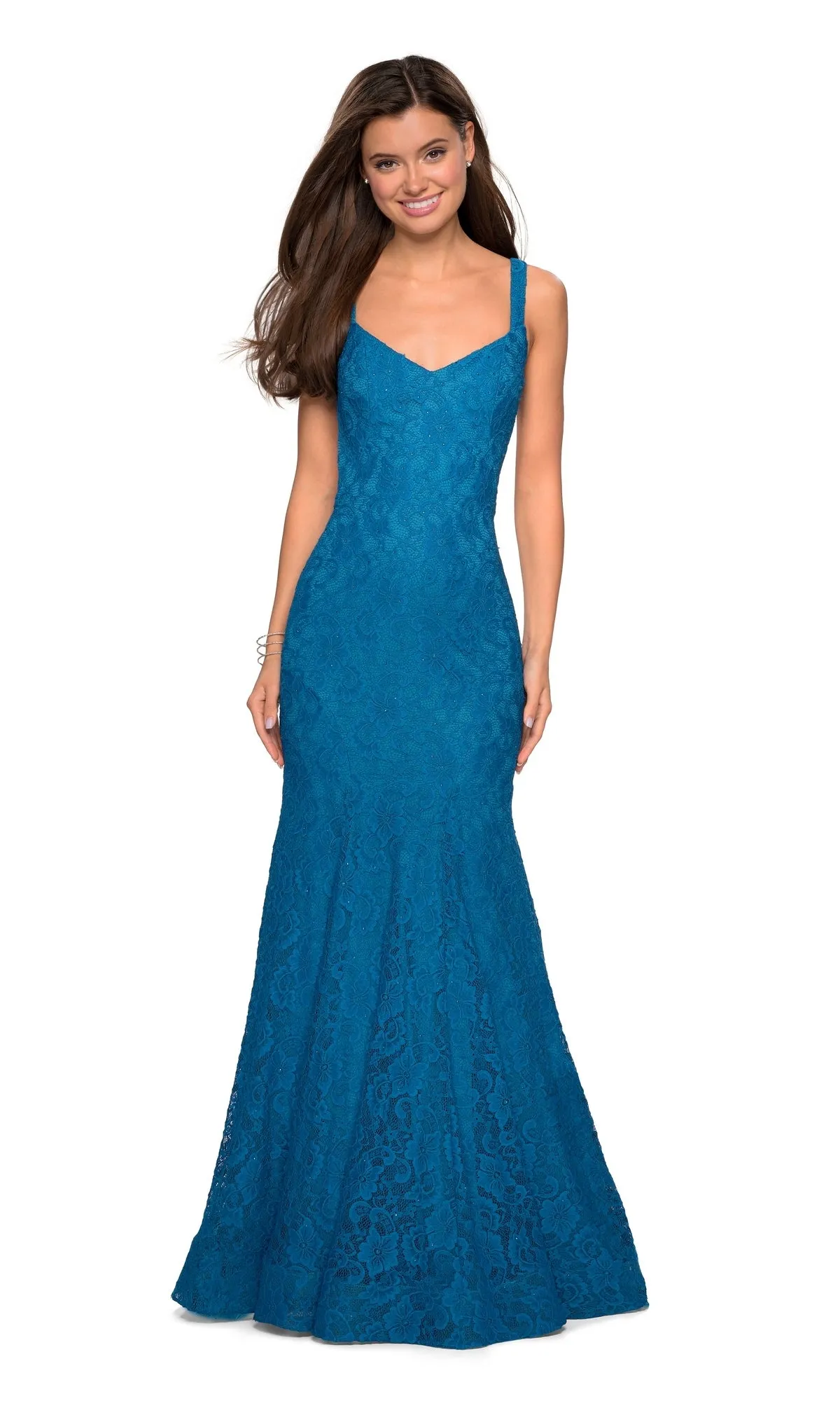 Open-Back Lace Mermaid Prom Dress: La Femme 27709 sold by PromGirl