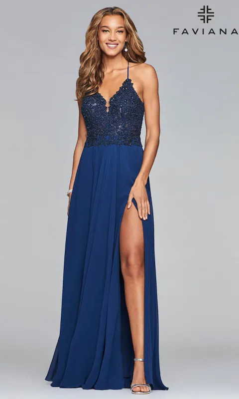 Chiffon Prom Dress with Sheer Embroidered Bodice sold by PromGirl